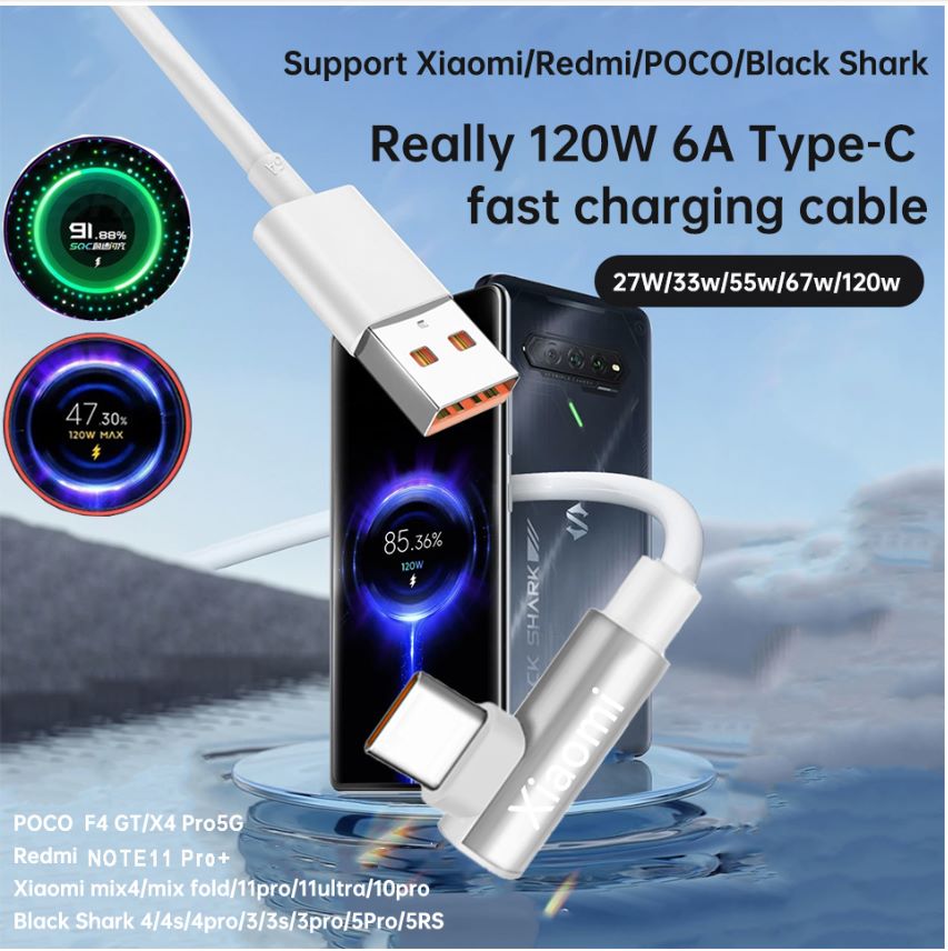 ⚡ Cable Xiaomi 6A 120W Tipo-C en L – Carga Rápida y Transferencia de Datos (1 Metro)